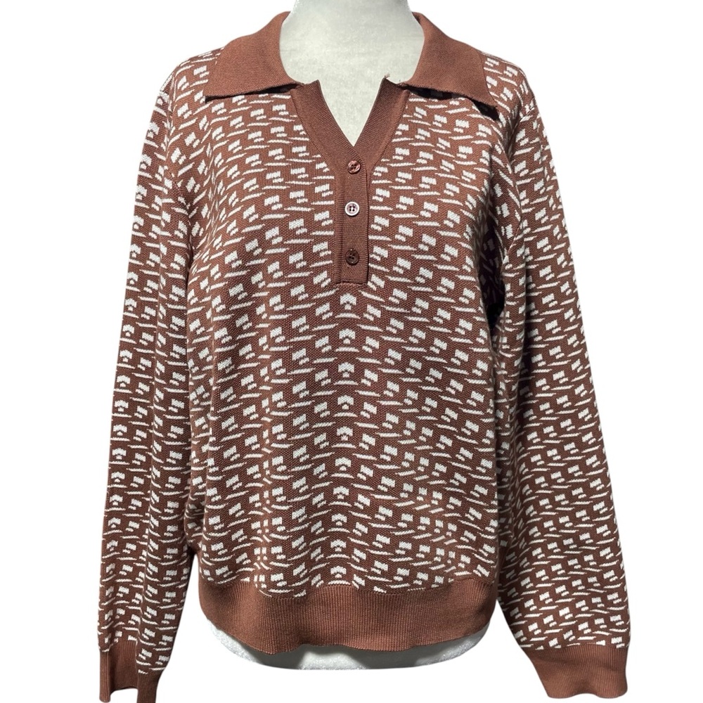 New Adrianna Papell Contrast Trim Long Sleeve Polo Sweater Brown White Size XL